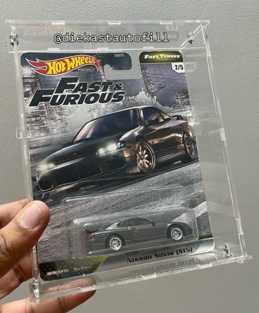 Slim acrylic card case protecting a carded Hot Wheels Fast & Furious car